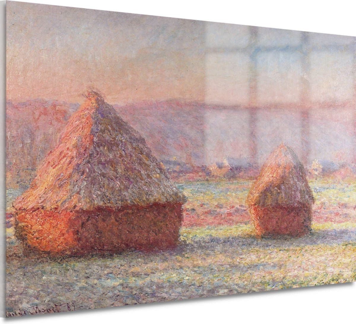 Witte Vorst, zonsopkomst - Claude Monet schilderij - Hooibergen muurdecoratie - Wanddecoratie Landschap - Wanddecoratie industrieel - Schilderijen plexiglas - Slaapkamer muurdecoratie acrylglas 90x60 cm