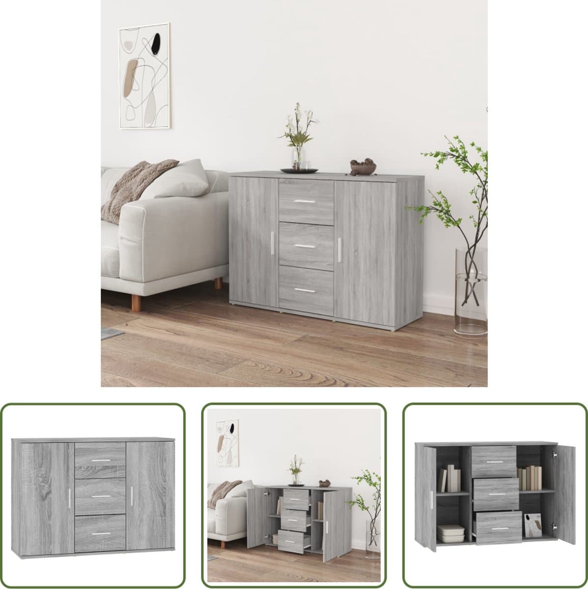 The Living Store Dressoir - Minimalistisch - Meubelen - Afmetingen- 91 x 29.5 x 65 cm - Materiaal- Bewerkt hout - Kleur- Grijs sonoma eiken - Ken- Voldoende opbergruimte