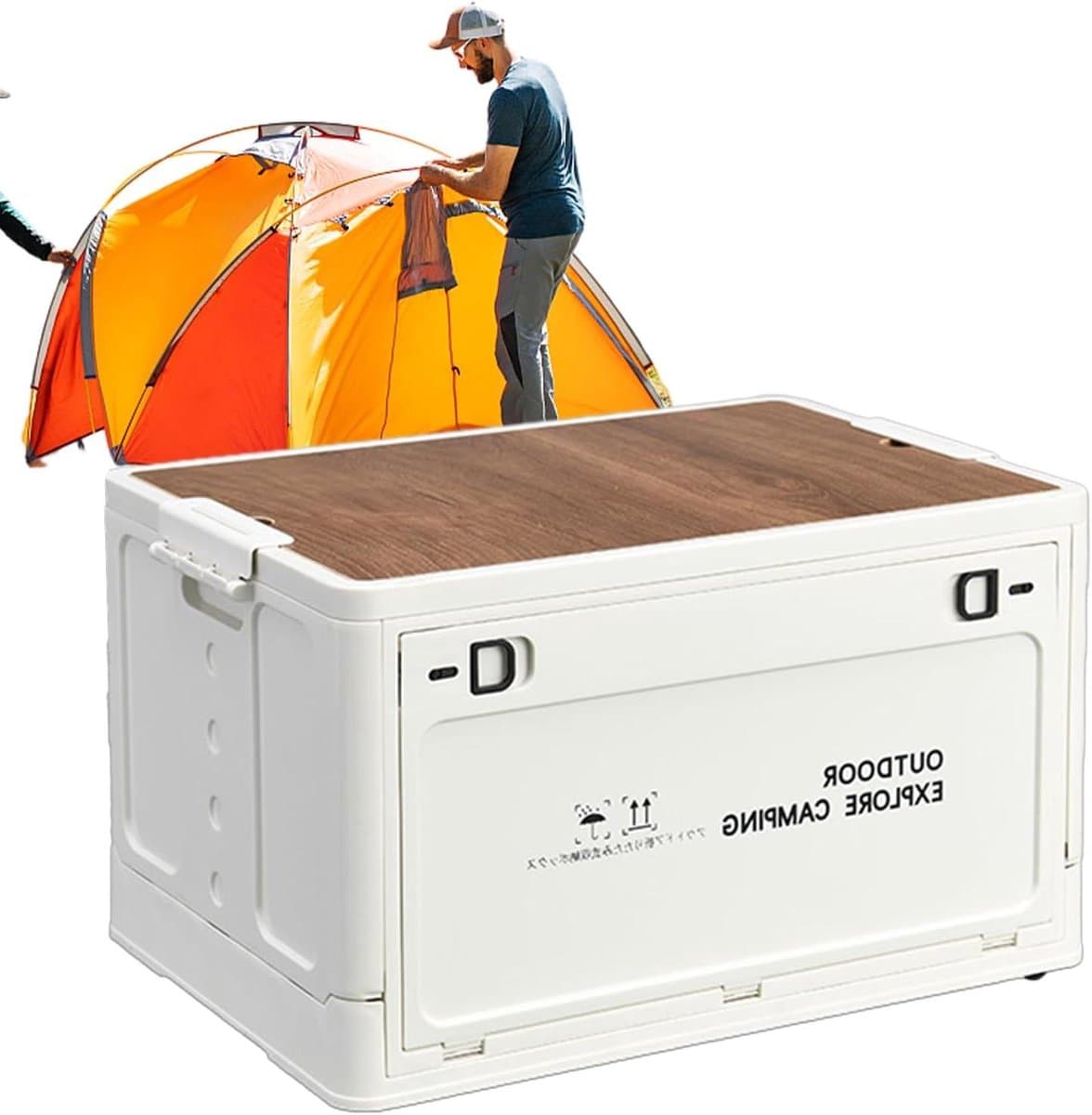 Opvouwbare Opbergdoos - Kampeerbak Tuinbak - Buiten Organiseren - Met Houten Deksel - 378L x 316B cm - Wit