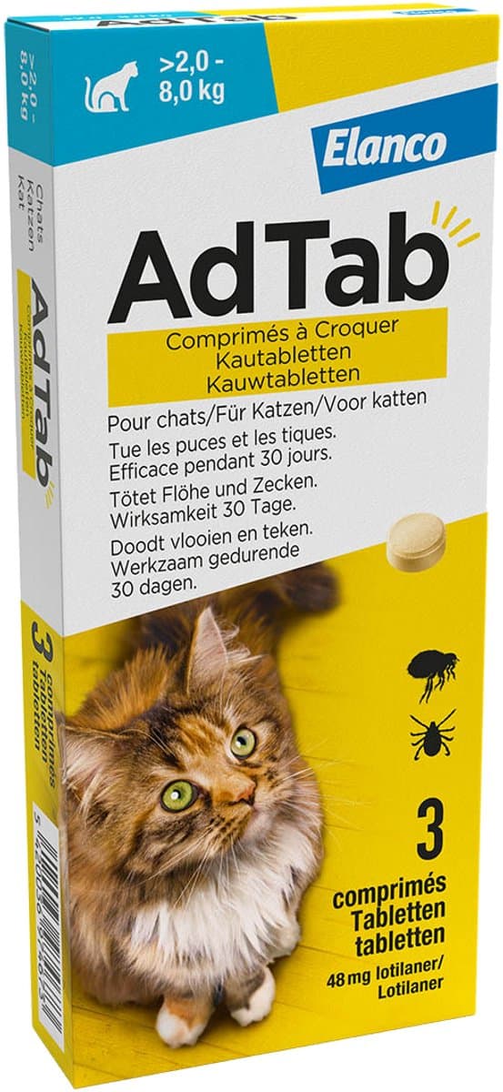 AdTab Vlooien Tabletten Kat - 2.0 tot 8.0 kg - 2 x 3 tabletten tegen Vlooien en Teken Kat
