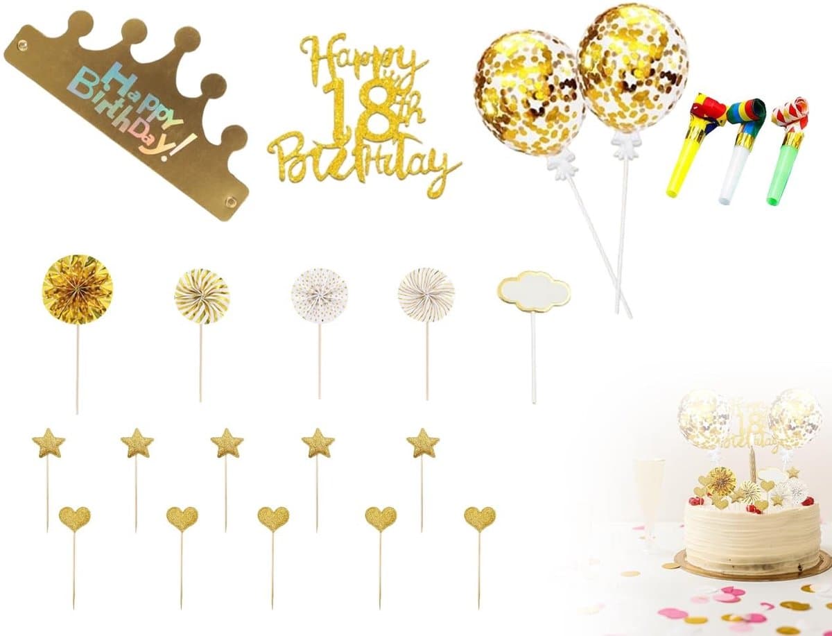 Dailygoods- Taartdecoratie 22 Stuks Gouden Set - Taarttopper 18e Verjaardag - Happy Birthday - Versiering - Decoratie Elementen - Unieke Stijl - Taartversiering