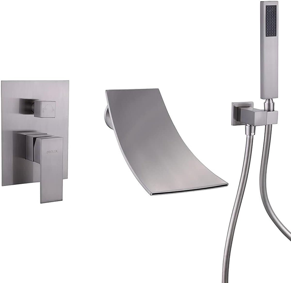 Badkraan met handdouche - Badvuller douchesysteem - Moderne badkamer - Waterval uitloop - 60 inch slang - Geborsteld nikkel