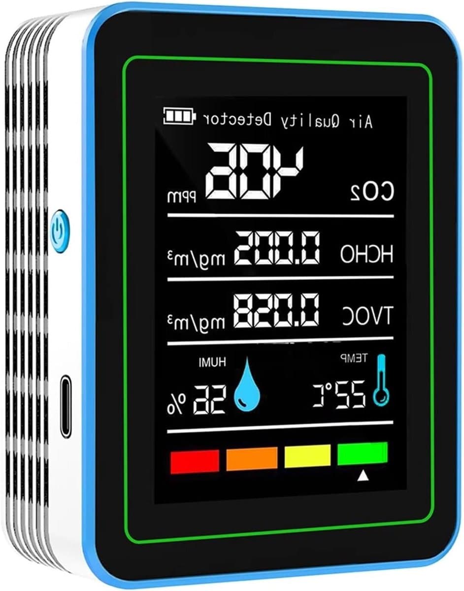 Luchtkwaliteit Monitor - CO2 Detector - Binnen Lucht Meten - 5-in-1 Meting - 100x100x10mm - Wit