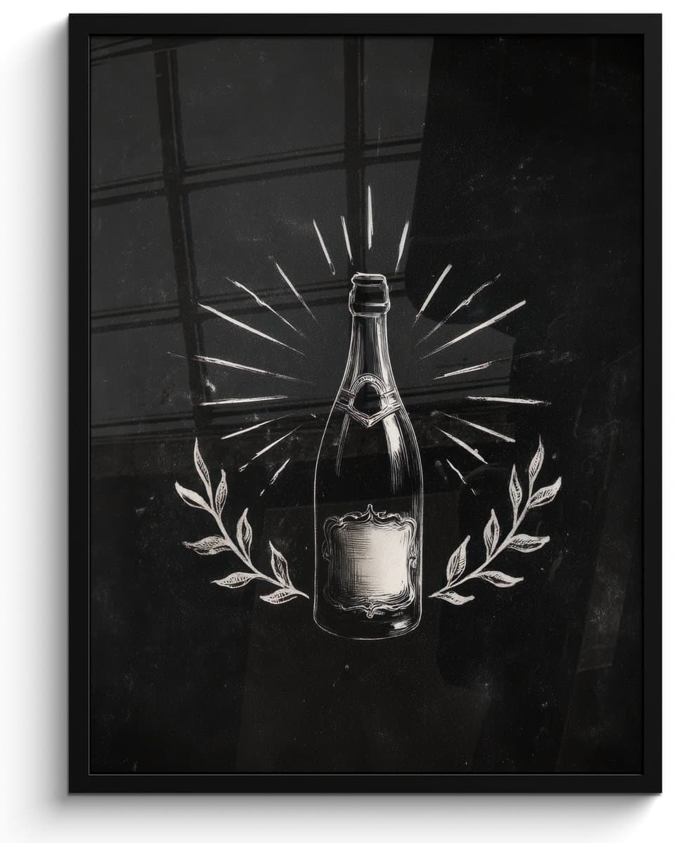 Poster in lijst - Fotolijst 50x70 cm - Posters - Champagnefles - Lauriertakken - Zwarte achtergrond - Posterlijst zwart - Decoratie - Wanddecoratie woonkamer - Muurdecoratie slaapkamer