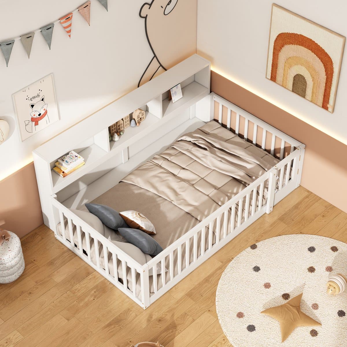 MODENUIT Daybed 90x200 cm – Met Lattenbodem en Opbergvakken aan Zijkant – Veiligheidsrand – Grenenhout en MDF – Zonder matras – Wit