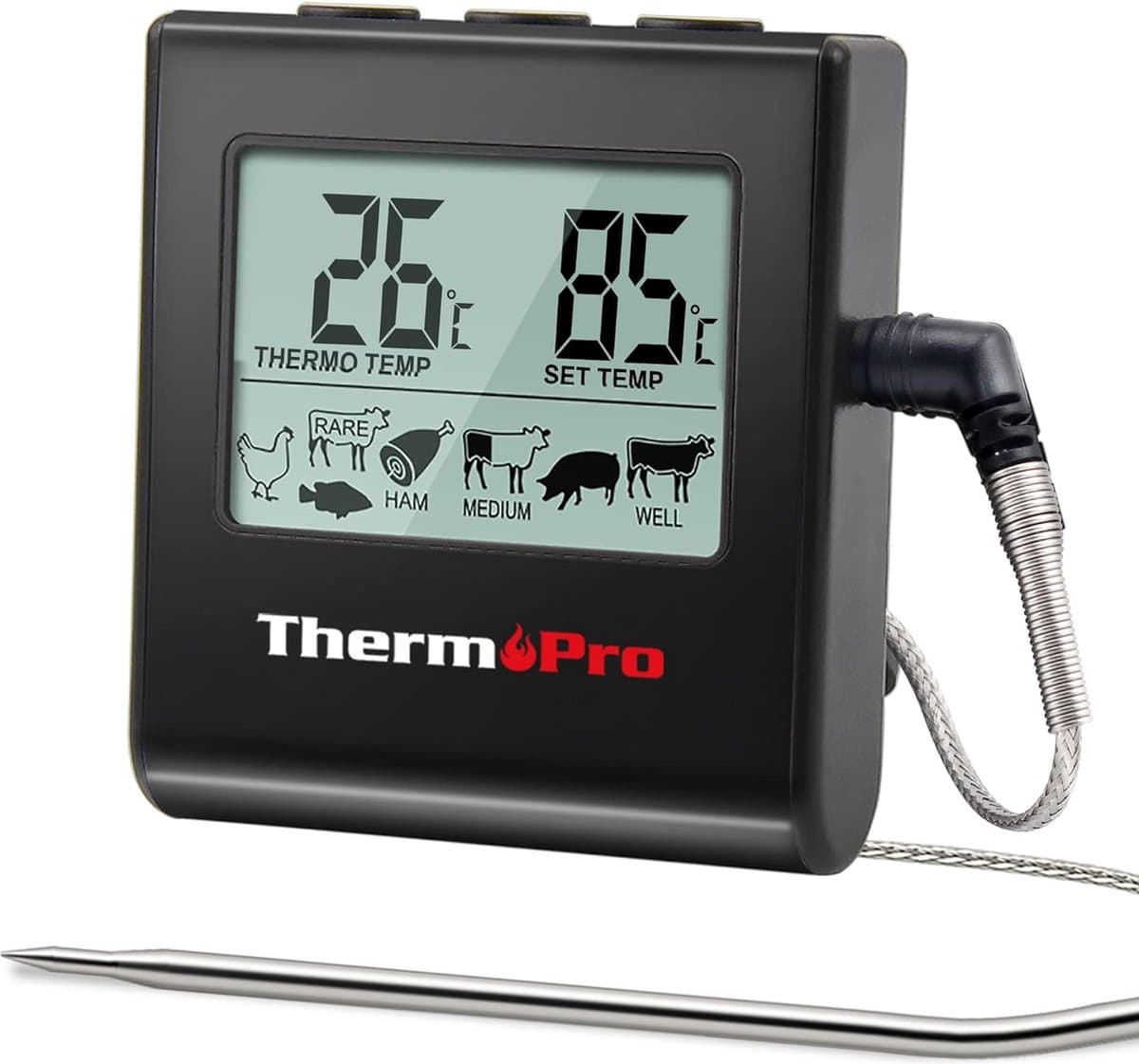 TP16 vleesthermometer grillthermometer digitale braadthermometer oventhermometer keukenthermometer met timer voor BBQ, grill, roker, zwart