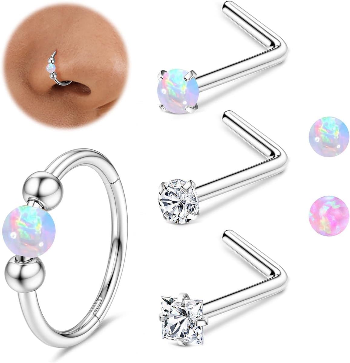 4 Stks Neusring Hoepel Stud Set Hypoallergeen Chirurgisch Staal Opaal Spetum Ring Sliver L-vormige Neus Stud Goud voor Vrouwen 18G Septum Piercing Sieraden Helix Neusgat Conch Hoop Piercing