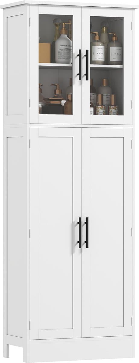 Hoge badkamerkast met 4 deuren – waarvan 2 ramen – verstelbare planken – 60 x 30 x 170 cm – Wit