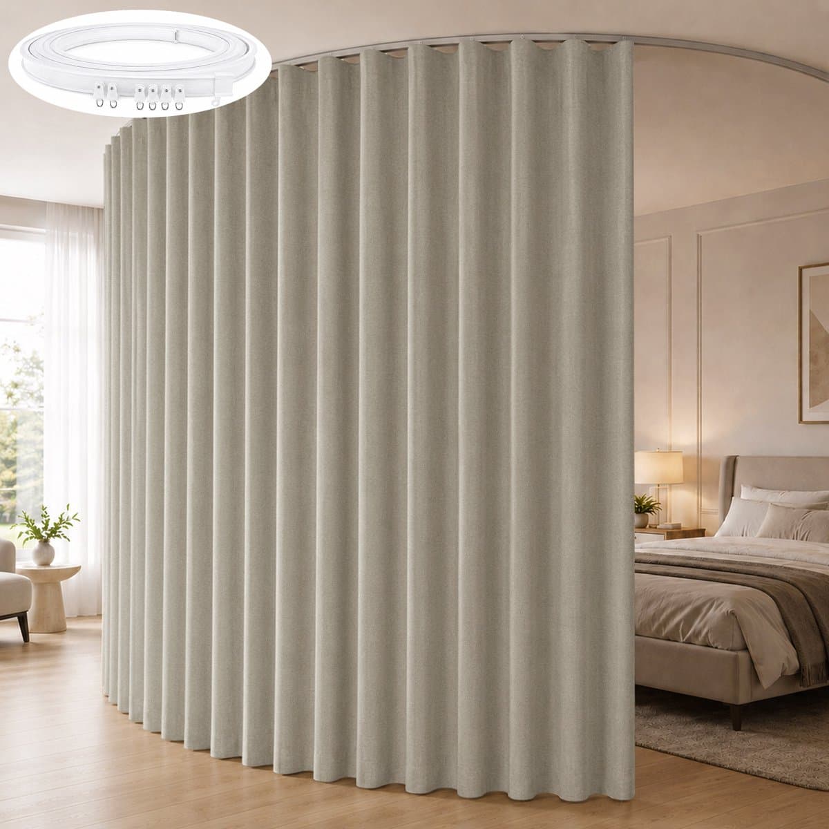 Qelus Kamerverdeler Gordijn Linnenlook - 100% Verduisterend Scheidingsgordijn met Flexibele Plafondrail - Ruimteverdeler - Thermisch Isolerend en Geluidsdempend - Voor Slaapkamer, Woonkamer, Kantoor en Studio - Kaki - 254 x 274 cm - 1 Stuk