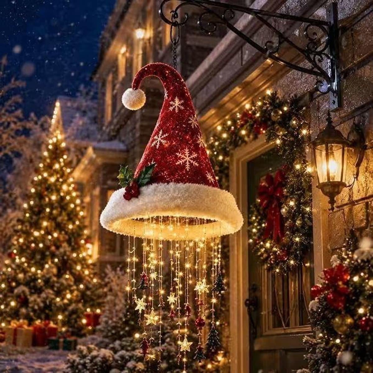 Hangende Kerst decoratie - Kerstmuts Lamp met LED - Verlichte hanglamp kerstmuts - Kerst decoraties - Oplichtende Kerstmuts - Kerstmutsdecoratie - Kwastjes met sterrenmotief - Hangende Kerstdecoratie - voor veranda en terrassen - Stijl B - TENGYIF®