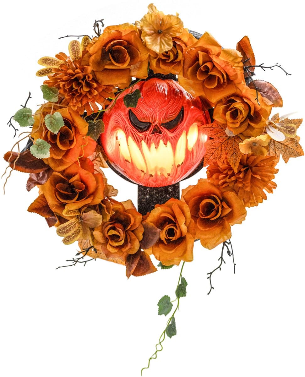 Halloweenkrans - griezelig pompoenontwerp - herfstbladeren - lichteffecten