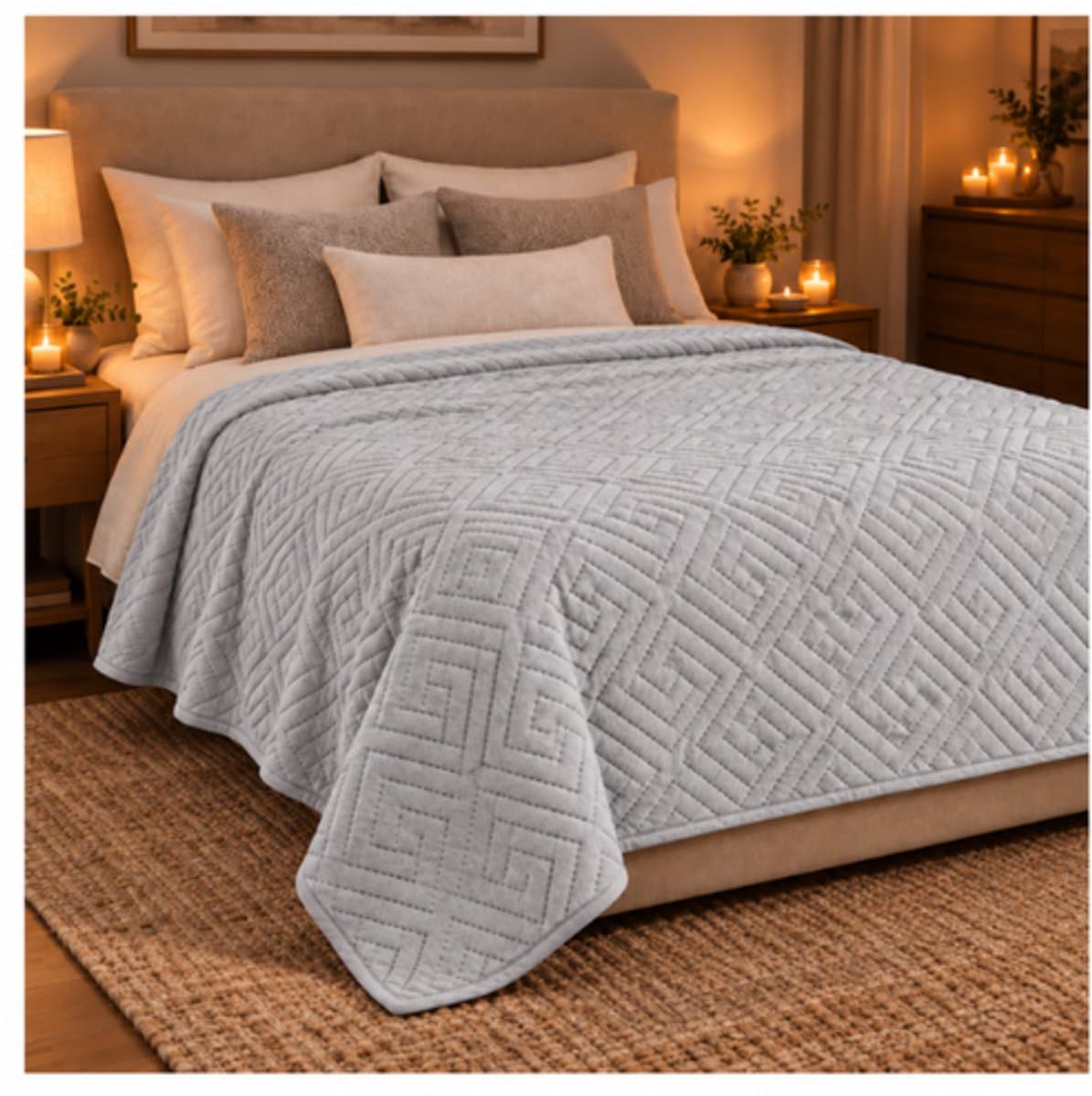 Deluxe Bedsprei 240 x 220 cm Kiezel Grijs- Greca patroon
