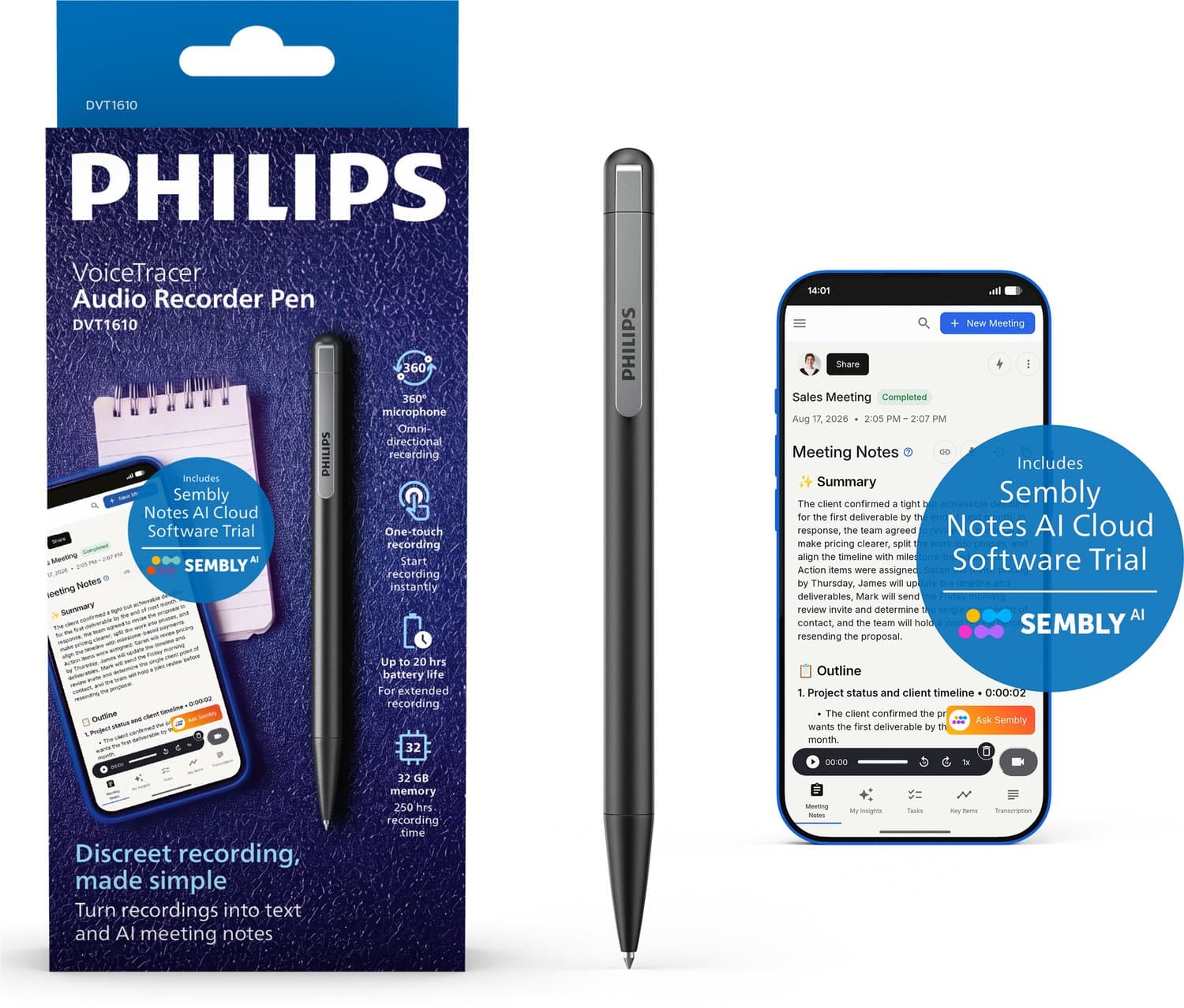 Philips DVT1610 Audio Recorder Pen - 360°-microfoon - 32 GB - Sembly AI Notes-software - AI Spraakherkenning transcriptie - USB-C - Discreet en ergonomisch aluminium ontwerp