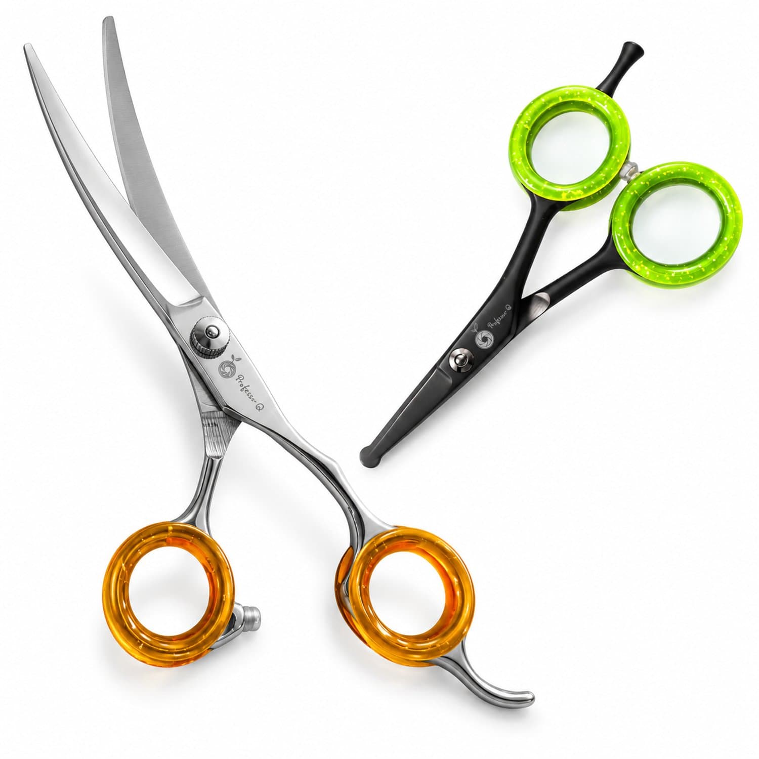 Professor Q Hondentrimset - Omhoog Gebogen Trimschaar 7,5 inch Oranje - Potenschaar Zwart/Groen - 2-delig