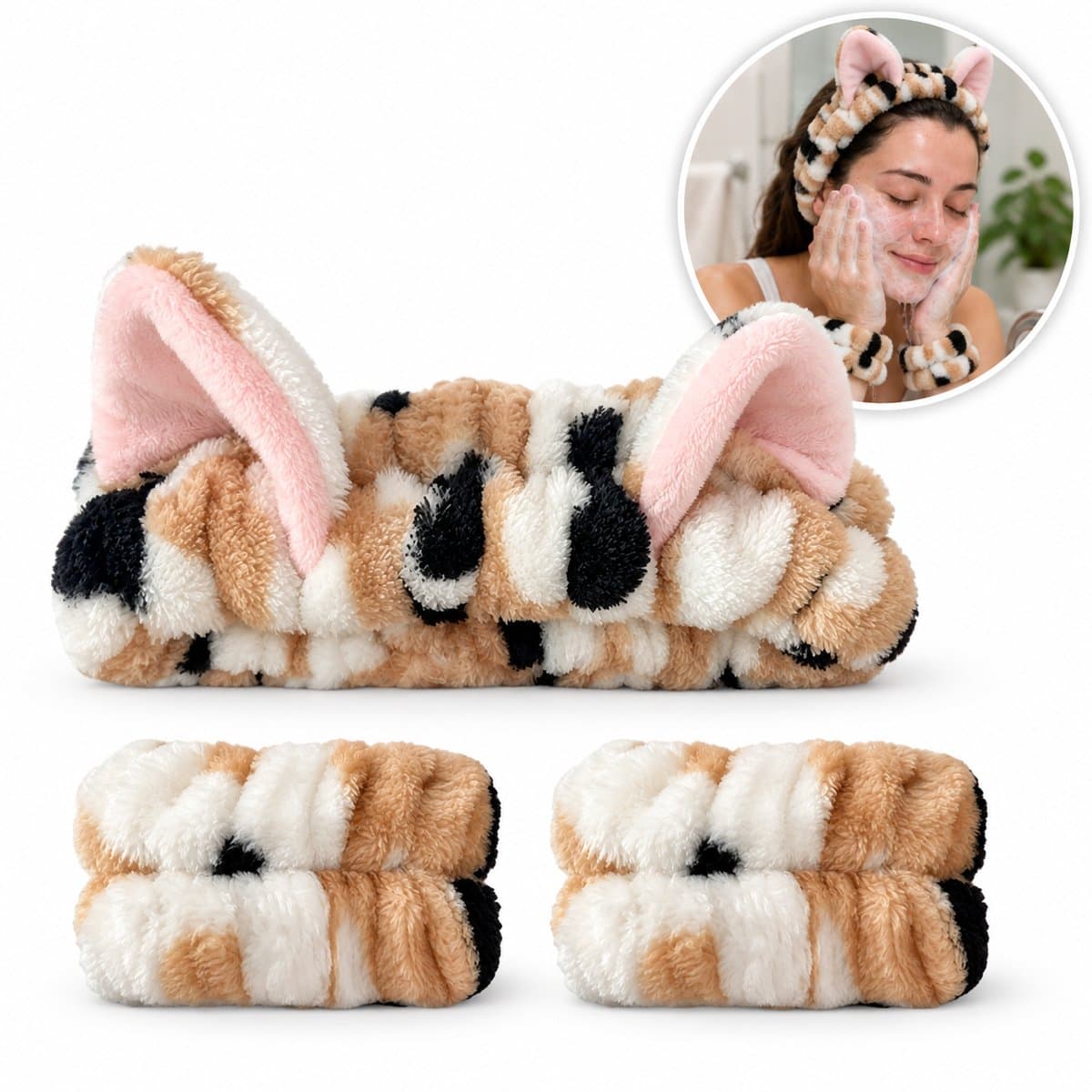 Make-up Haarband en 2 Absorberende Polsbandjes - Kat Mix – Skincare Set voor Gezichtsreiniging – Cosplay - Carnaval Verkleedaccessoire