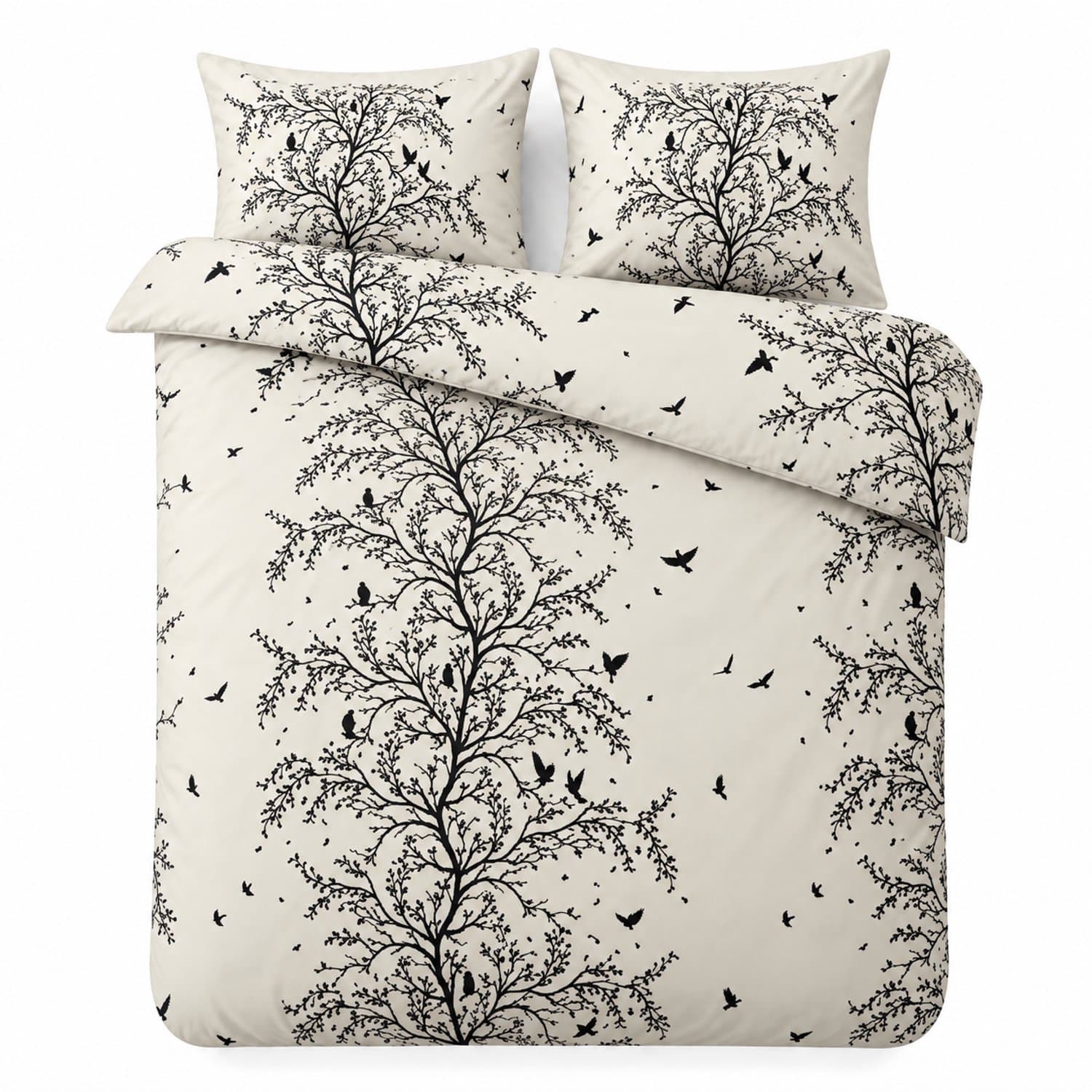 LALIVA Aviara Tweepersoons Dekbedovertrekset – 200 x 220 cm – Bomen & Vogels – Crème/Zwart – 100% Katoen – 2 Kussenslopen