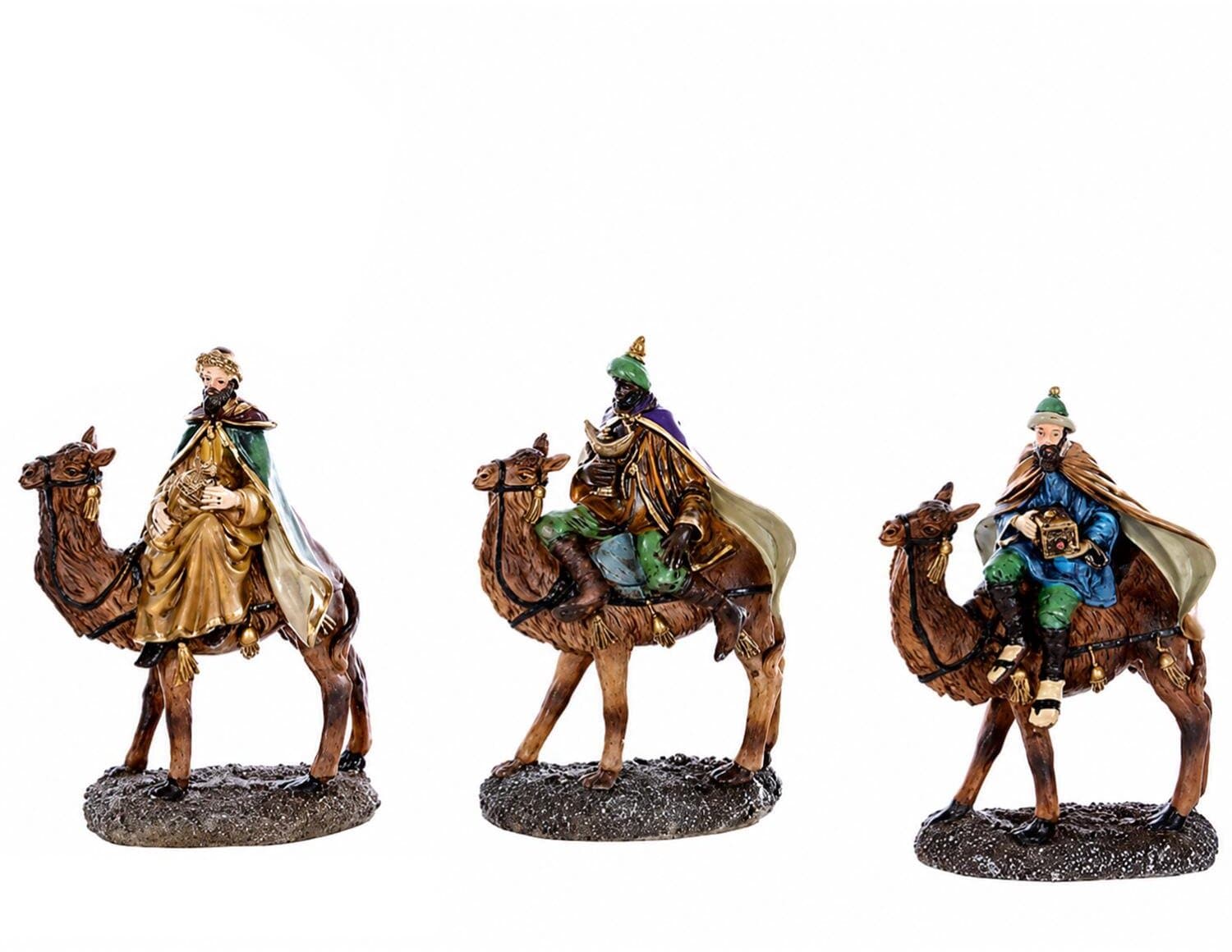Kerststal beeldjes - de 3 wijzen op kamelen - set 3x stuks - 19 x 14 cm - koningen - dierenbeeldjes - kerststalbeeldjes