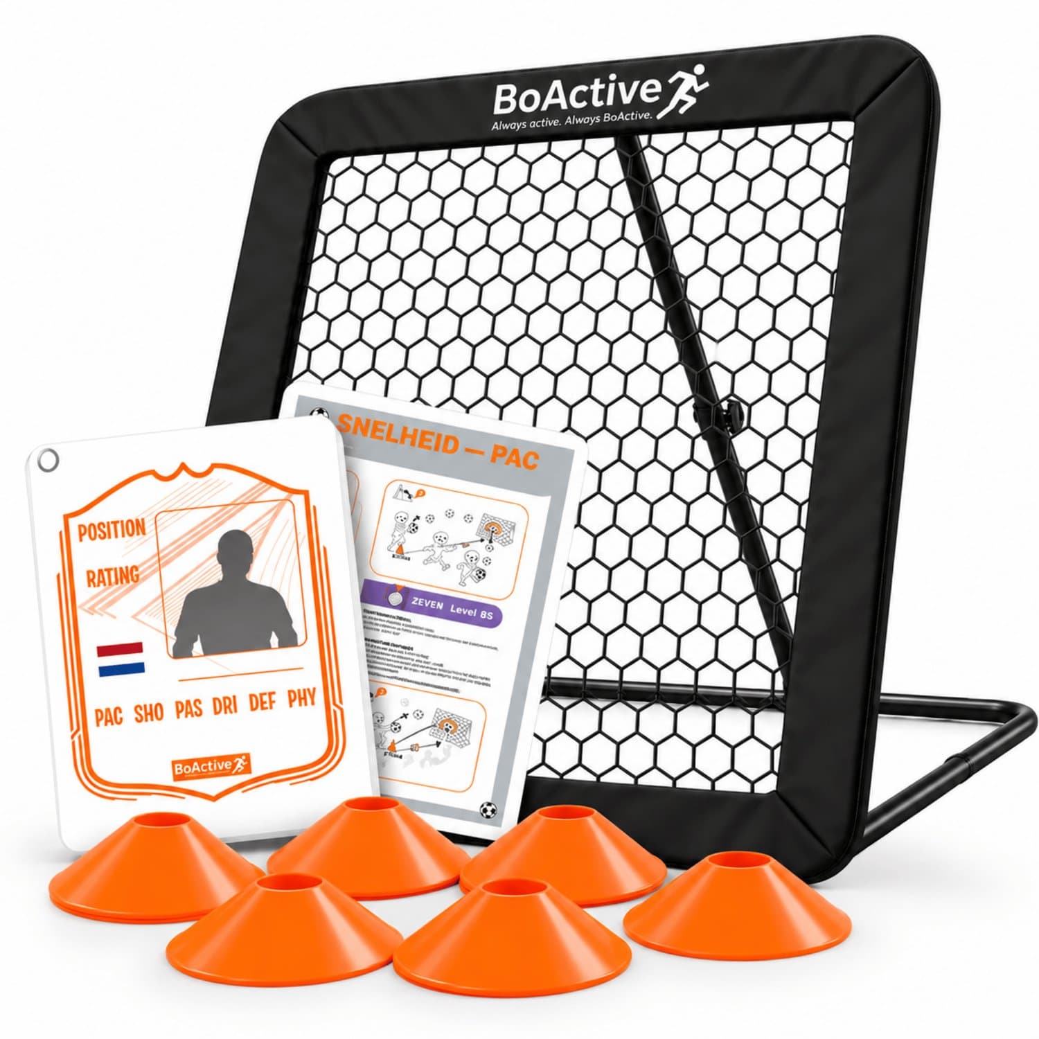 BoActive Voetbal Rebounder 100x100 cm – Tchouk met Eigen Futkaart & Trainingsboekje – Incl. 6 Pionnen, Schietschijven en Grondhaken