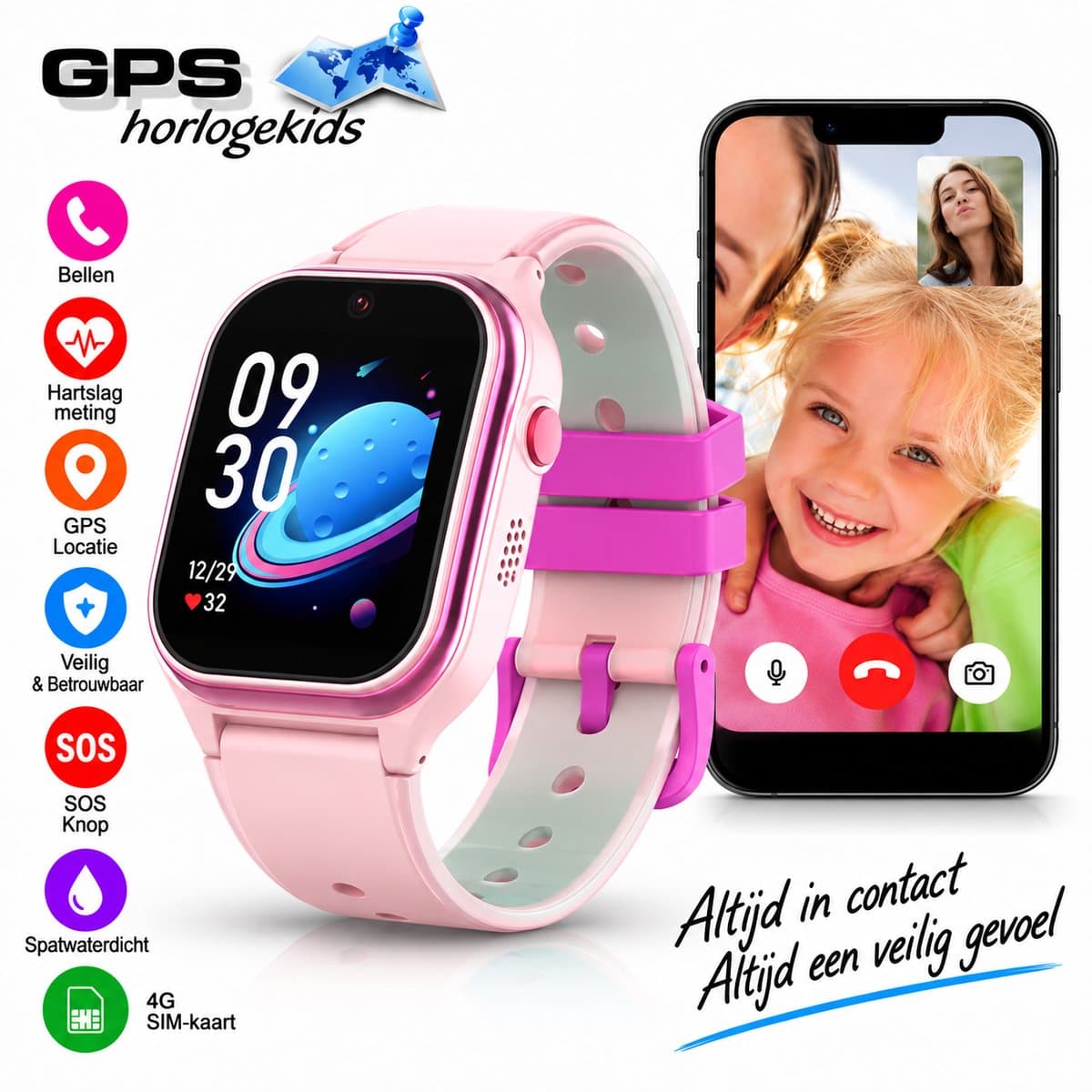 GPSHorlogeKids© - smartwatch kinderen - GPS horloge kind - kleinste model 2026 - kinder smartwatch - 4G videobellen - SOS alarm – veilige zone - klasse tijd - alarm - spatwaterdicht - hartslag - incl. SIM - CURVE roze
