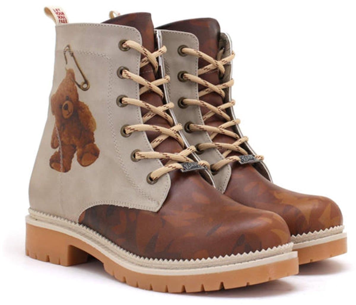 GOBY Dames Veterboots – Teddy Bear Print – Vegan Leer – Handgemaakt - Maat 37