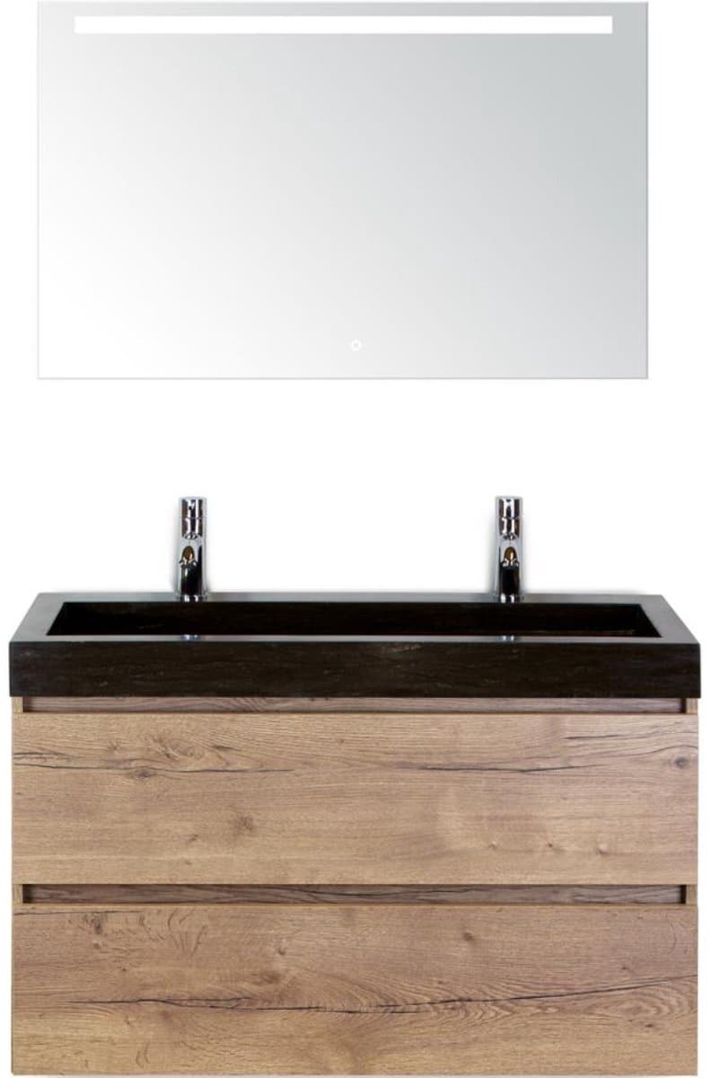 Maxx XL Badmeubelset 100 cm - Natuur Eiken - Wastafel Lucca 2 Kraangaten met LED Spiegel