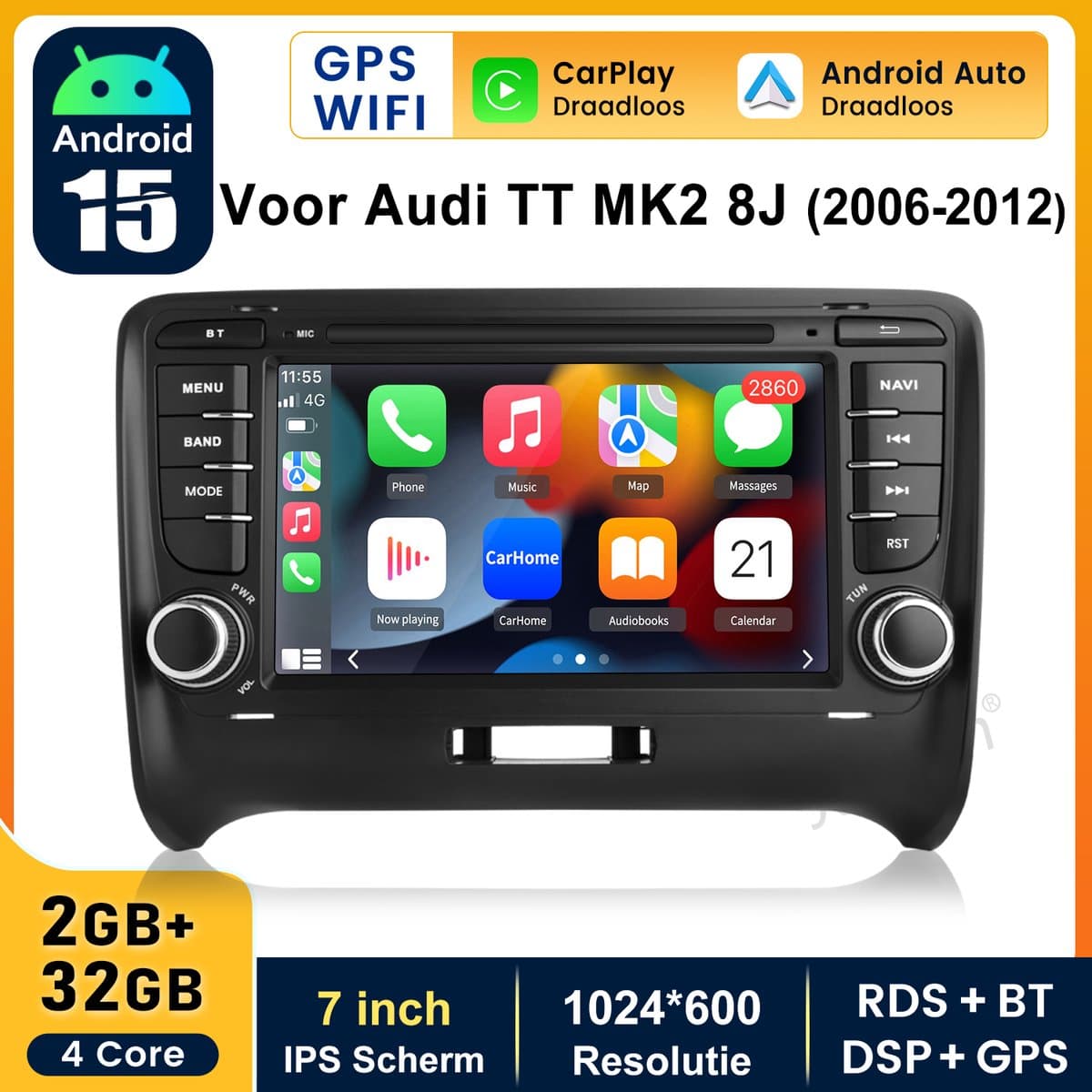 JUNSUN 2DIN Android 15 Autoradio Geschikt voor Audi TT MK2 8J 2006-2012 , GPS Navigatie Carplay Android Auto FM WIFI Bluetooth RDS SWC, Geschikt voor Audi BOSE Systeem