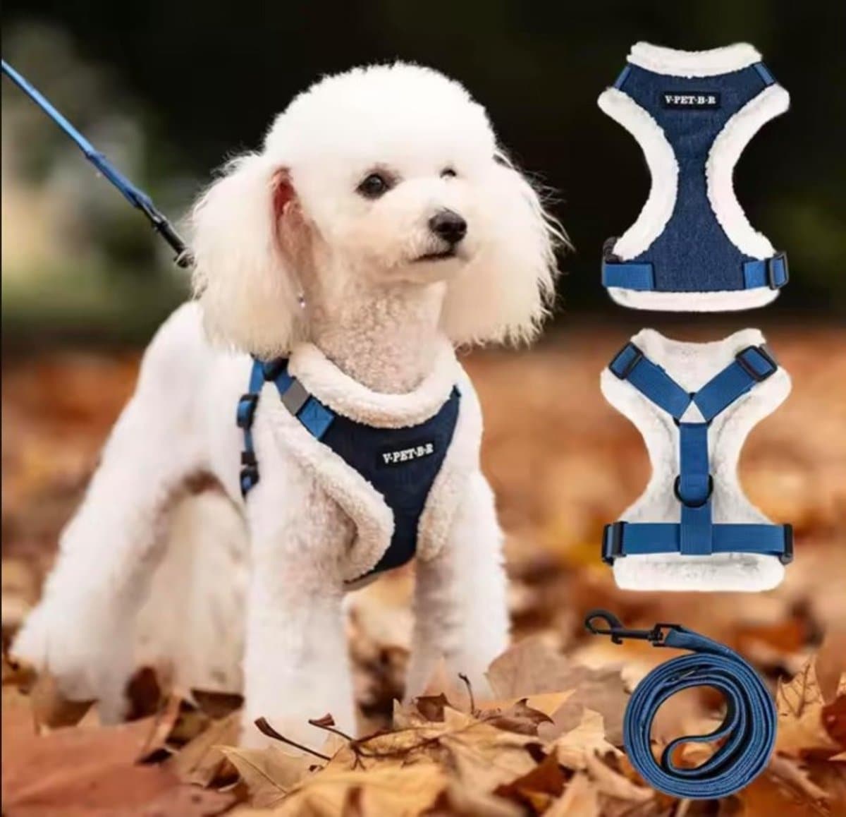 EYZ Luxe winterset met warm, zacht gevoerd hondentuig en riem - schattig hondentuig - spijkerstof tuig voor kleine honden, puppy's, grote en middelgrote rassen - anti-trek verstelbaar tuig voor jongens en meisjes L