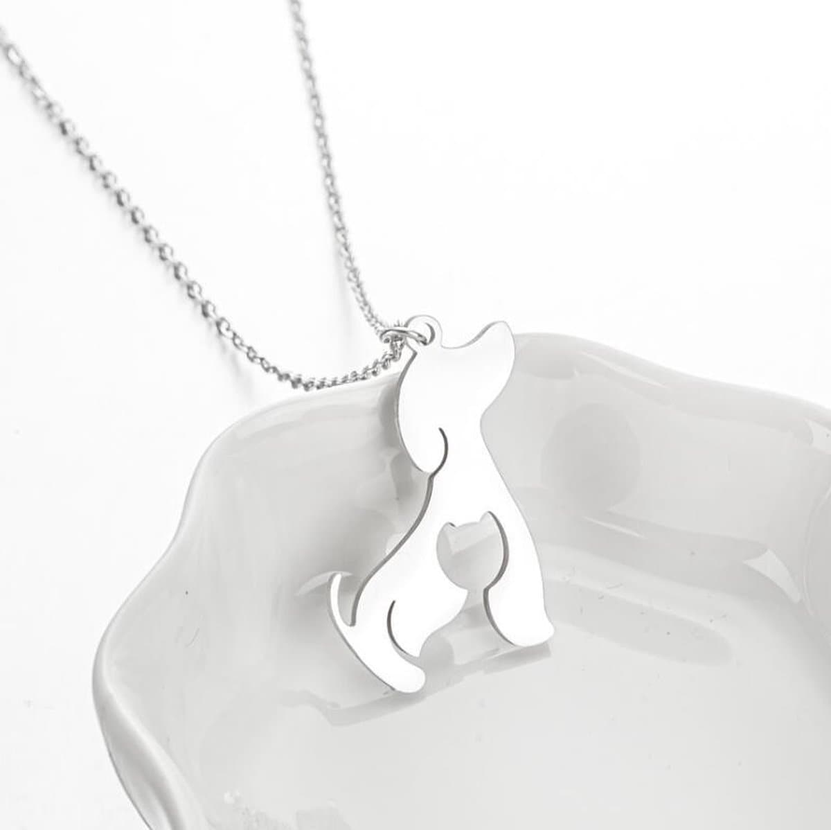 Gading® dames ketting met hond & kat hanger-zilverkleurig -43cm-RVS ketting
