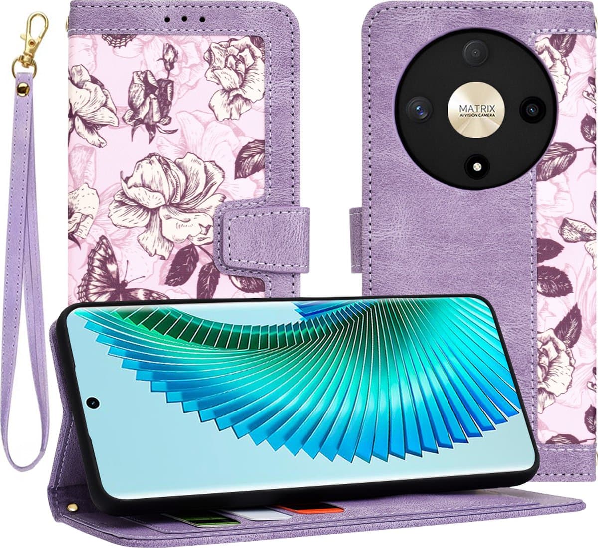 Hoesje geschikt voor HONOR Magic6 Lite - Techsuit FlipCraft Book Wallet Case met koord - Mysterious Purple