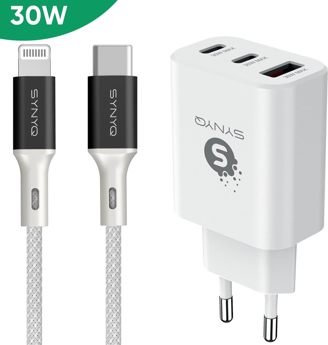 Synyq 30W GaN2 Snellader - 3 Poorten - 1m oplaadkabel - Gecertificeerd - Lader geschikt voor Iphone - Geschikt voor iPhone 14/13/12/11/X - 1 meter