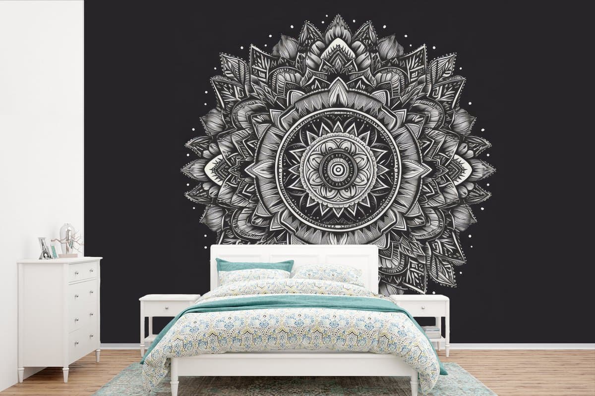 Behang - Fotobehang Mandala - Zwart wit - Bloemen - Bohemian - Natuur - Breedte 525 cm x hoogte 350 cm