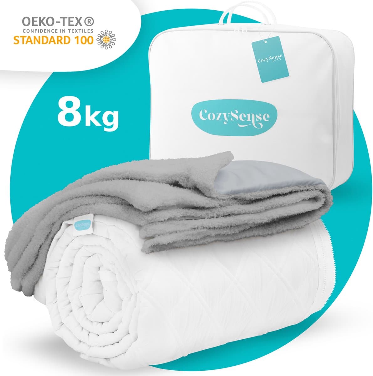 CozySense® Verzwaringsdeken 8kg - 140x200cm - Zwaartedeken met Wasbare Hoes - Weighted Blanket met GLASS-Flow® Drukverdeling - Grijs