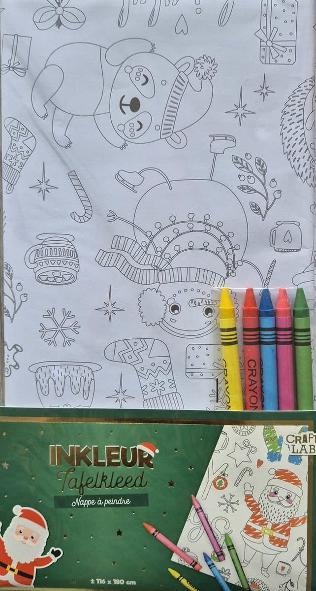 Tafelkleed voor kinderen 116x180cm met 5 wasco krijtjes - Kersttafelkleed voor kinderen om in te kleuren - Kleuren