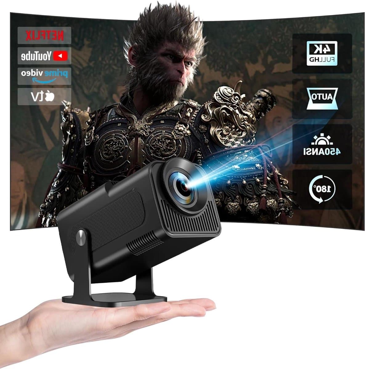1080p Full HD Draagbare Mini-Beamer - 4K Android TV Wifi Bluetooth - 270 Graden Draaibaar - Thuisbioscoop Projector met Zoom - Korte Afstand - Mobiele Telefoon. Beamer