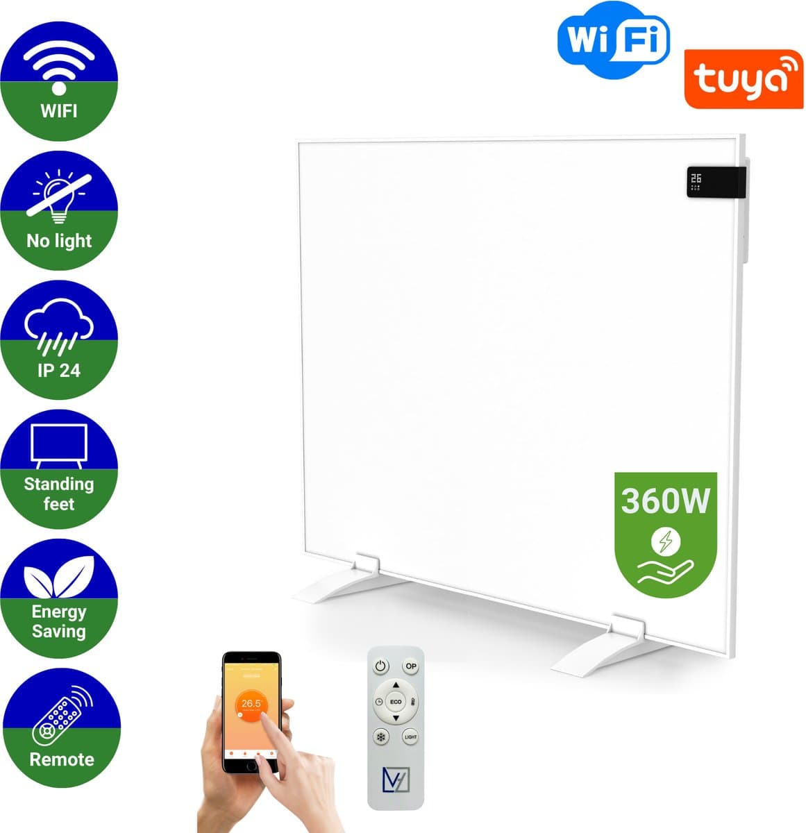 VH Infrarood paneel Superia - 60 x 60 cm - 360 Watt - Geïntegreerde thermostaat - Smart Home Wifi - Inclusief voetjes - Verplaatsbaar - Lichtgewicht