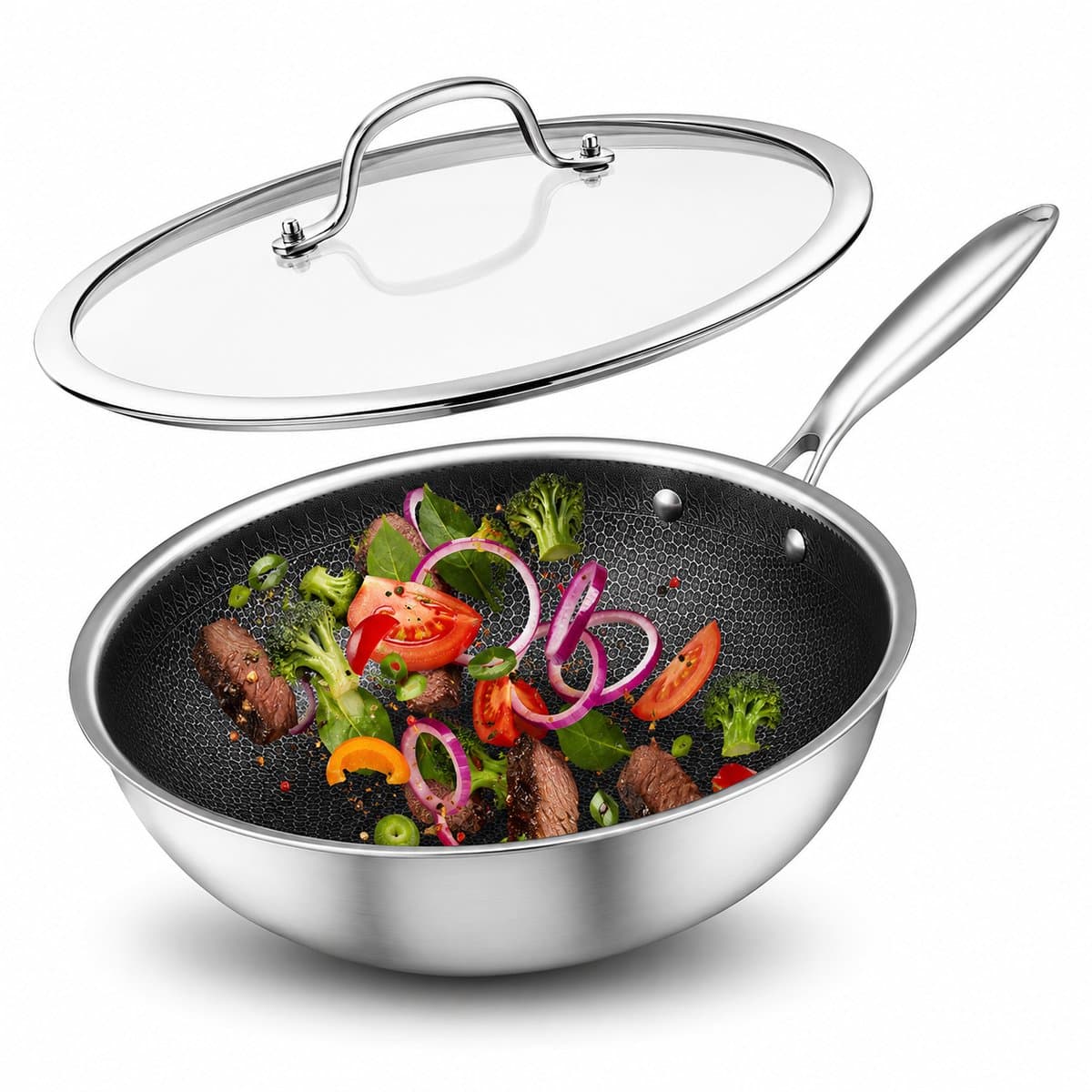 Swiss Haus® ZGW30 Wokpan Inductie met Deksel - Ø 30 cm / 4.8 Liter - PFAS Vrij - Wokpannen Voor Alle Warmtebronnen - Wok Pan met Honingraat Anti-aanbak - RVS