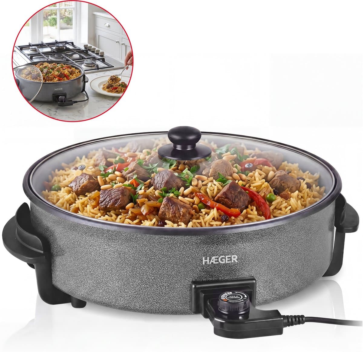 Haeger Top Gourmet Elektrische Hapjespan - 42 cm - Anti Aanbaklaag & Thermostaat – 1500W – PFAS-vrij - Met Deksel - Electrische Pan - Zwart