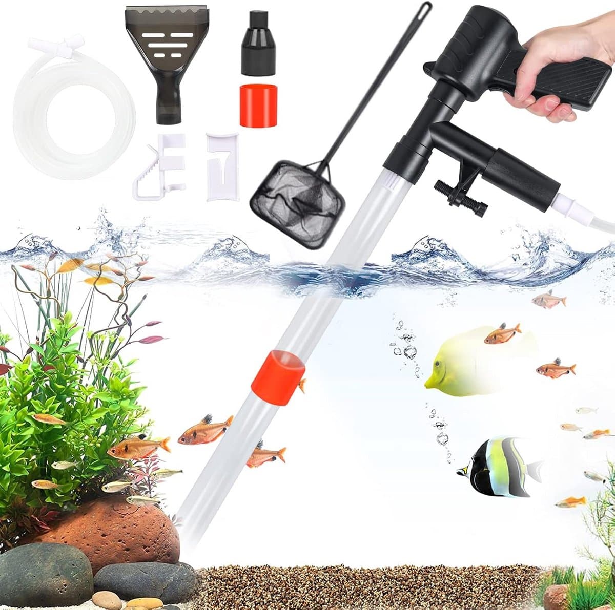 Aquarium Water Wisser - Mulm Stofzuiger Kit - Aquarium Onderhoud - 5-in-1 Multifunctioneel - 220 cm Slang - Zwart