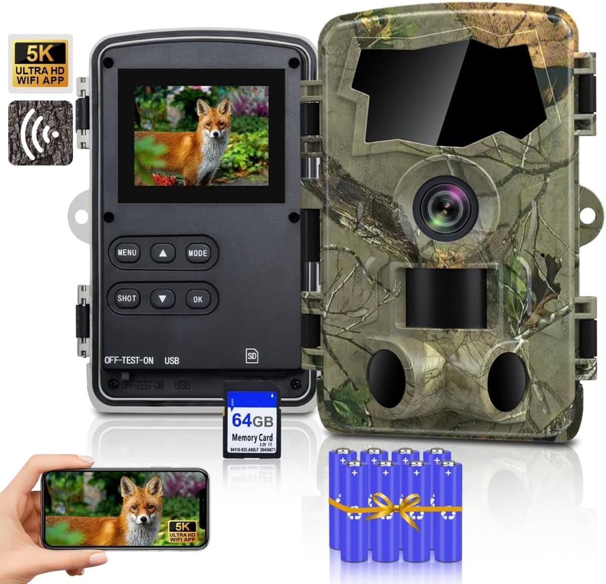 Wildcamera 5K WiFi - Nachtzicht Camera - Natuurlijk Gedrag Observeren - 64MP Foto's 5K Video - 130° Groothoeklens - Camouflage