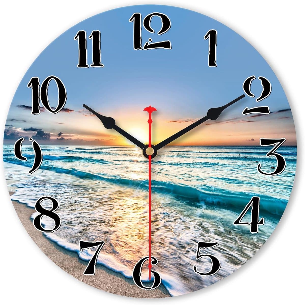 30 cm strandmuurklok op batterijen, oceaanblauw, kust- en maritieme decoratie, kleine stille quartzklok zonder tikken, houten analoge klok voor keuken, kantoor, slaapkamer en woonkamer