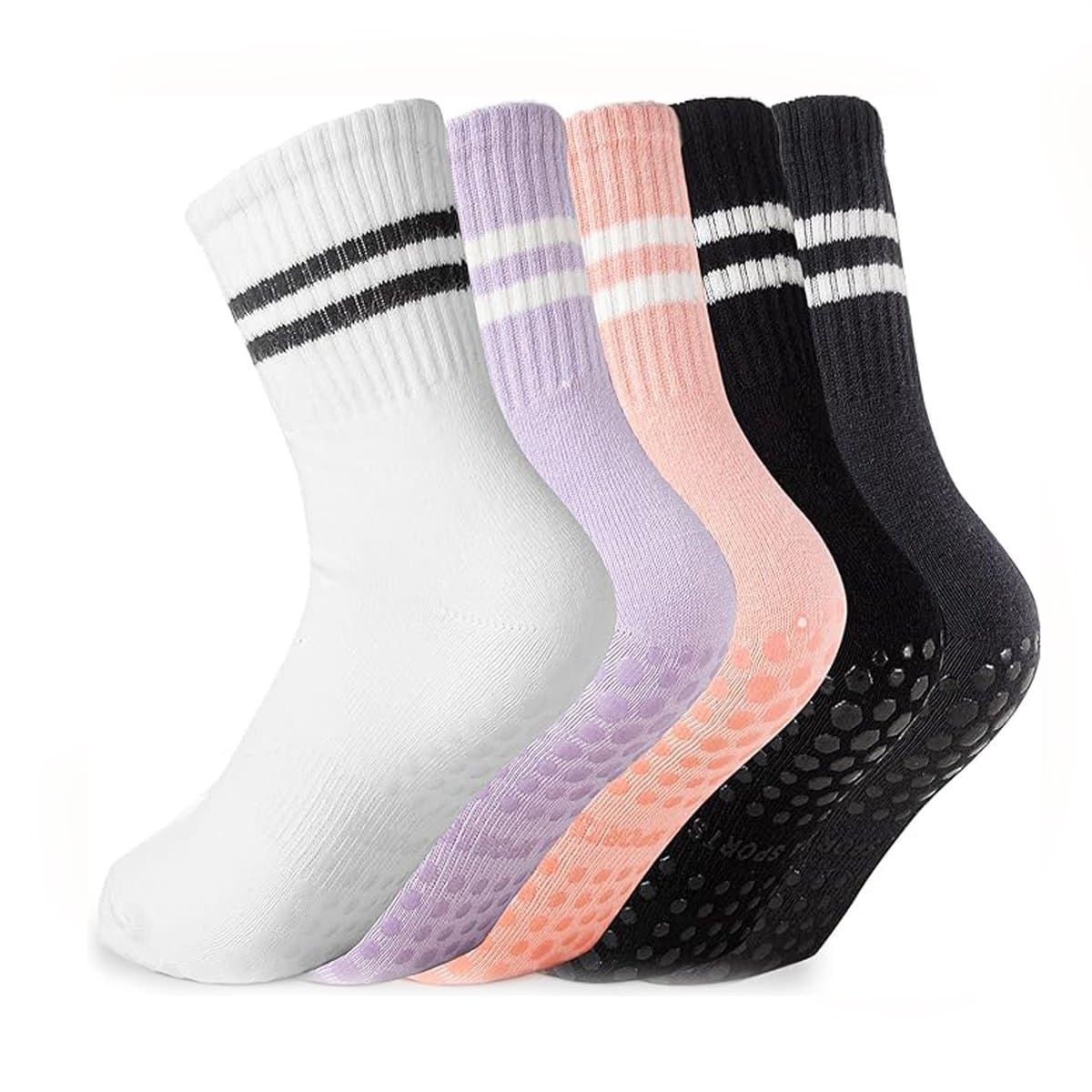 Pilates Sokken Dames - Yoga Sokken met Grip - Antislip Sokken - Grip Sokken - Katoenen Sokken - 5 Paar - Zwart Wit Grijs Roze Paars