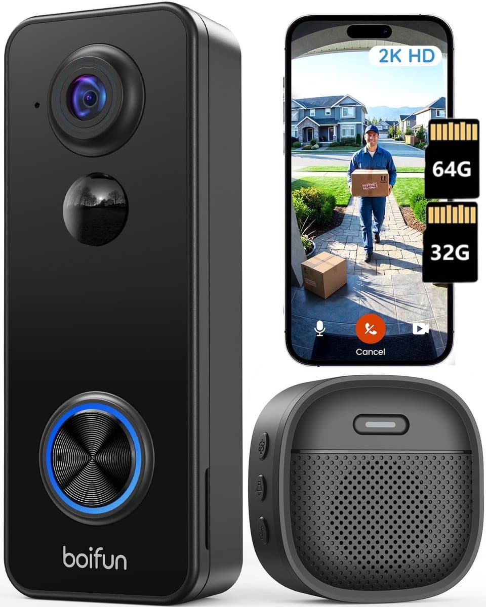 BOIFUN Video Deurbel met Camera - Draadloze deurbel - 2K HD - Inclusief Binnenbel & Batterijen & 32GB 64GB kaart - Zonder abonnement - AI-mensdetectie - Tweeweg Audio - Deurbel met camera