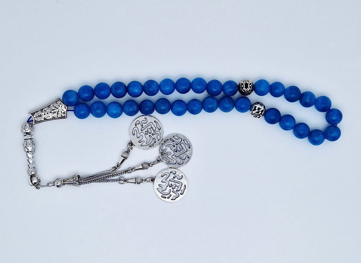 Handgemaakte tesbih "tasbih" natuursteen " Blauwe Agaat" - Aantal kralen 33 - Diameter kralen 10 MM - met metaal tassel "model 10" - Een mooi cadeau-idee