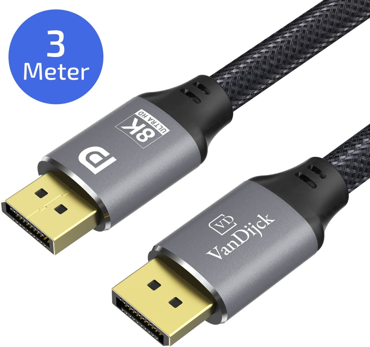 VanDijck Displayport Kabel - 3 Meter - 8K 60Hz - 4K 144 Hz - 32.4GBps - Displayport 1.4 - DP Kabel - Grijs