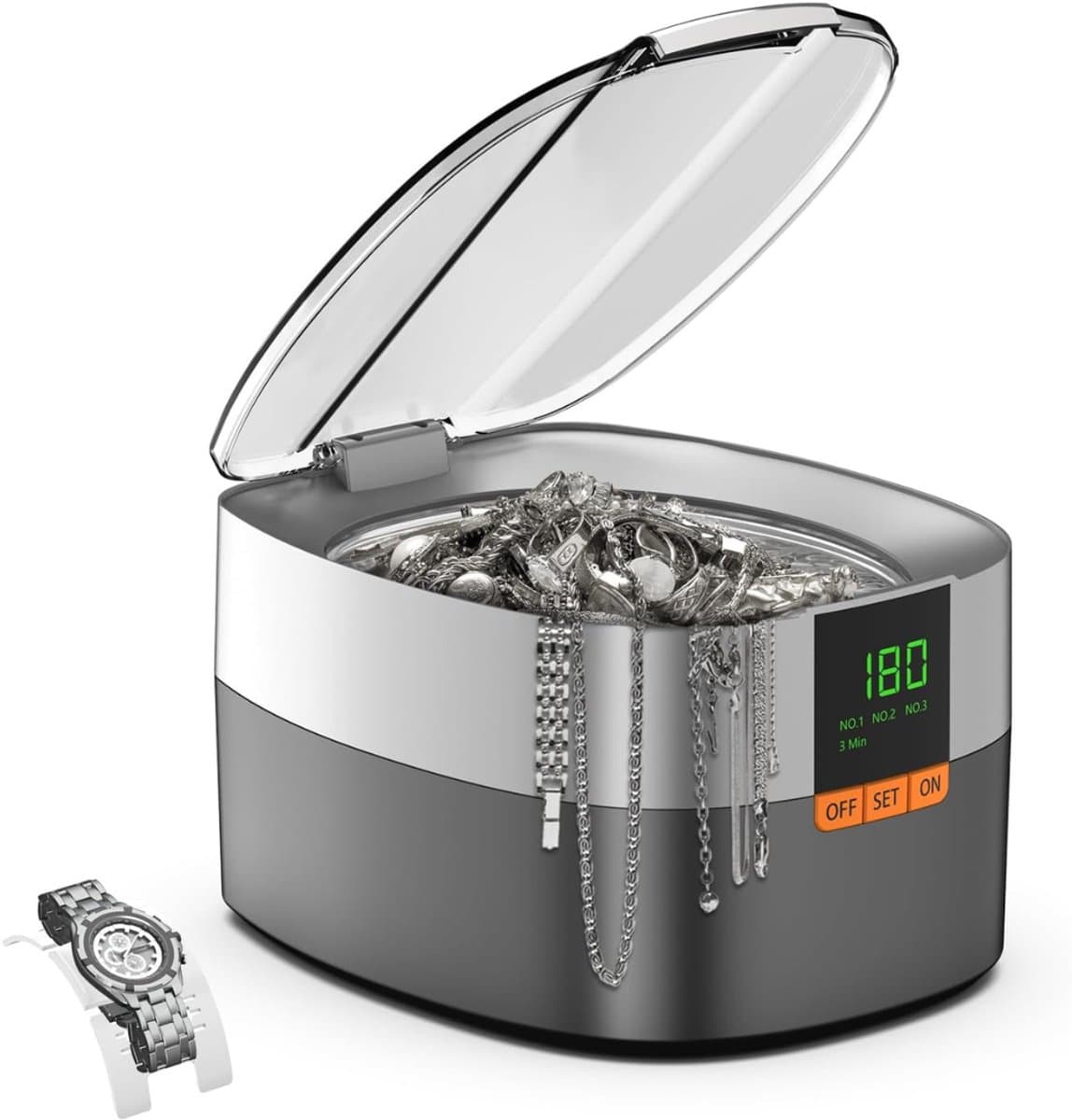 AMA® Brillenbad - Reinigingsapparaat - Ultrasone Bad - met Timer - 750 ml - 23x21x16cm - Zilver en Grijs