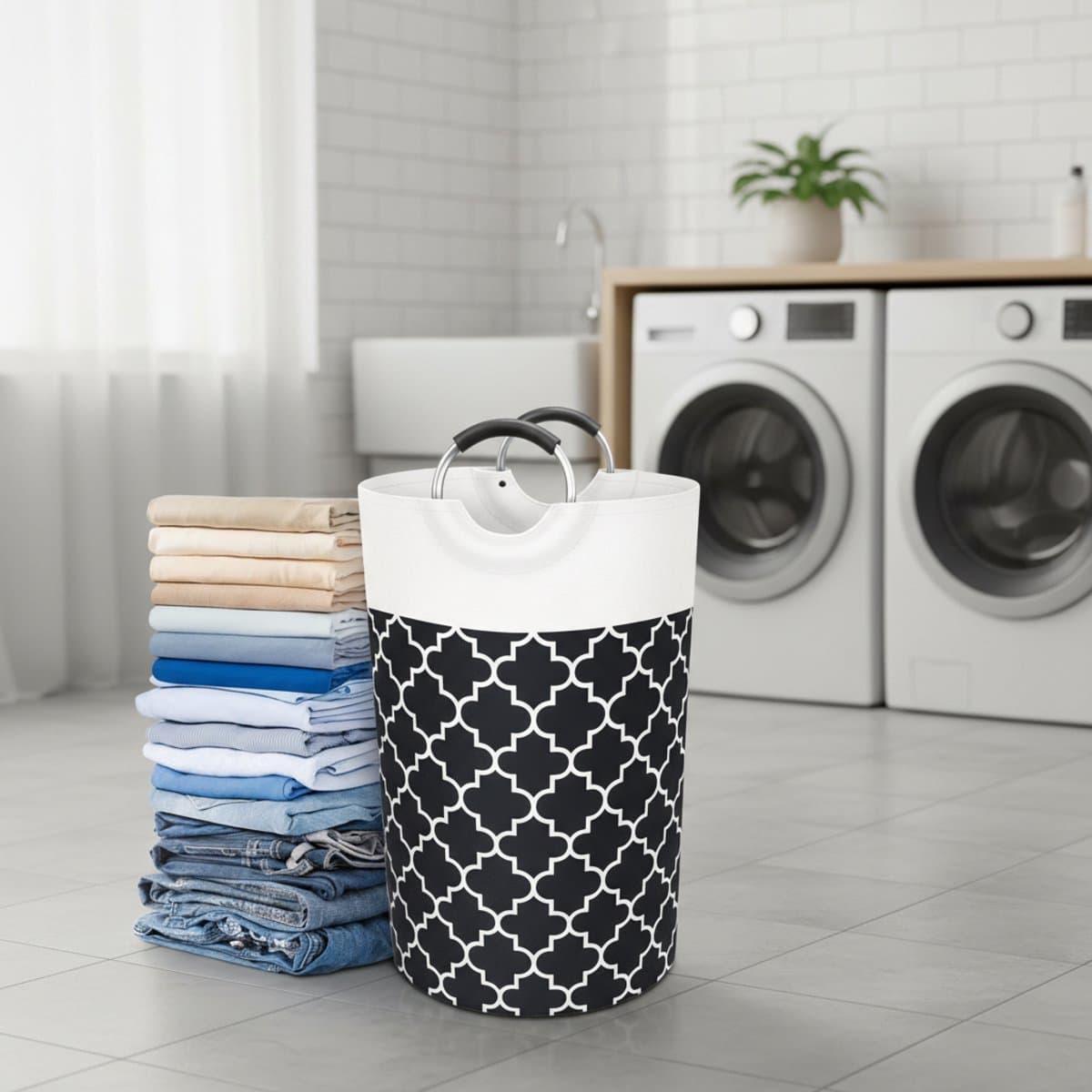 CHIWIN 62L Opvouwbare Wasmand – Polycotton & Waterdicht – Met Aluminium Handgrepen – 35×65 cm – Zwart