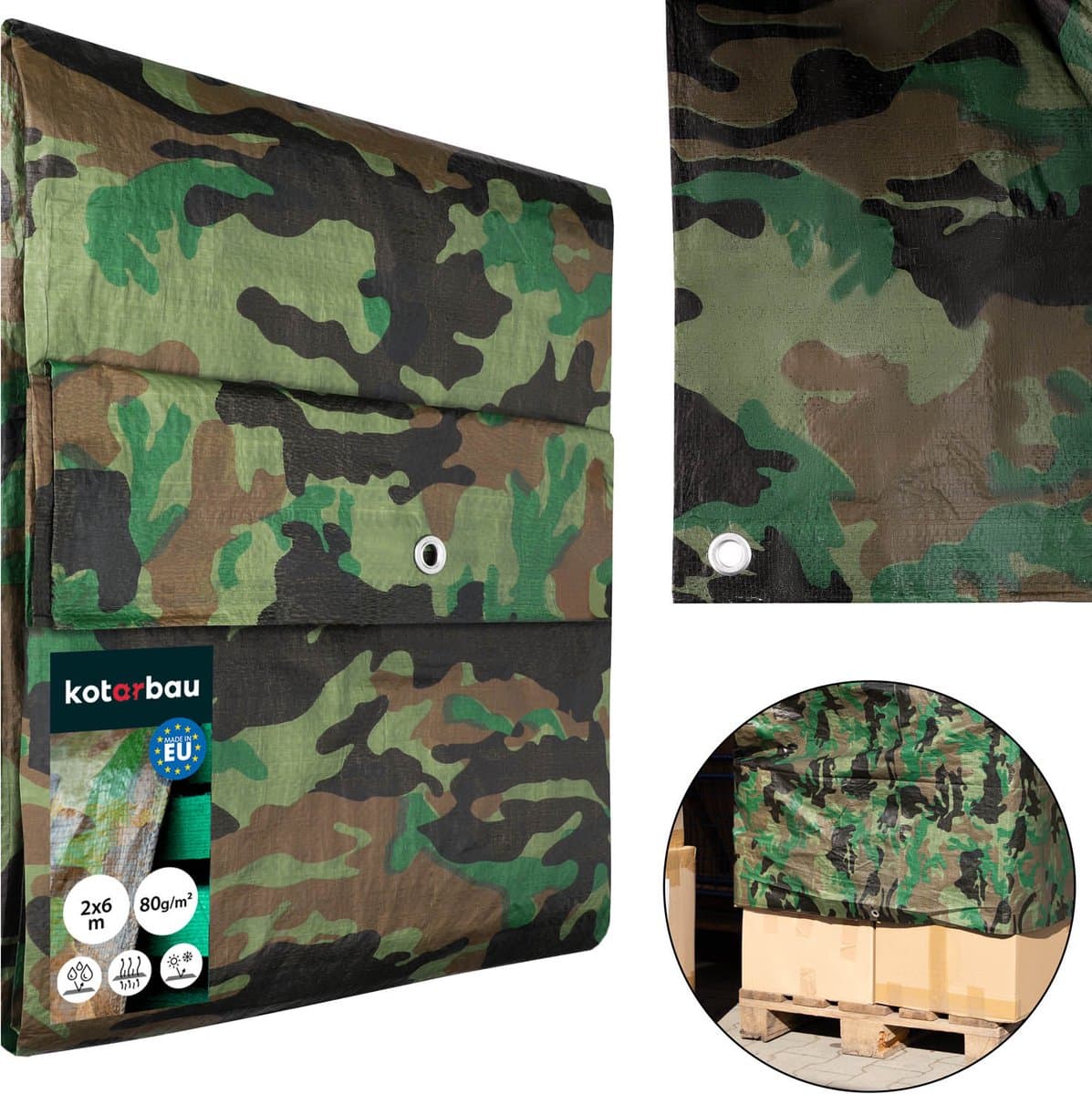 KOTARBAU® Afdekzeil, Polyethyleen, 2 x 6 m, Camouflage, 80 g/m2, Waterdicht, Zeil Afdekking, Beschermzeil voor Meubels, Afdekzeil uv-bestendig, Zeil voor bescherming buiten