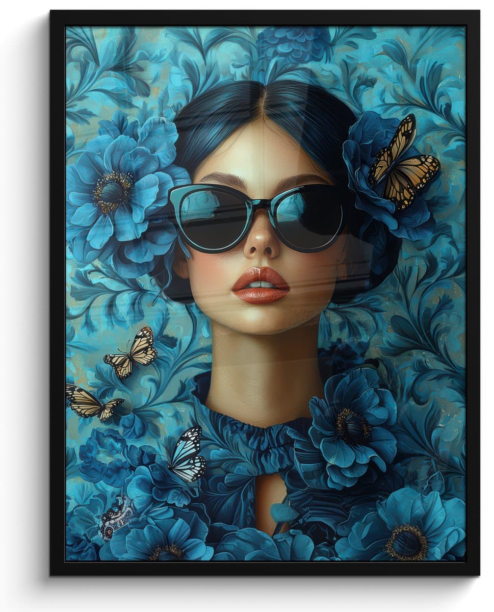 Poster in lijst - Fotolijst 50x70 cm - Posters - Vrouw - Bloemen - Vlinders - Blauw - Abstract - Posterlijst zwart - Decoratie - Wanddecoratie woonkamer - Muurdecoratie slaapkamer