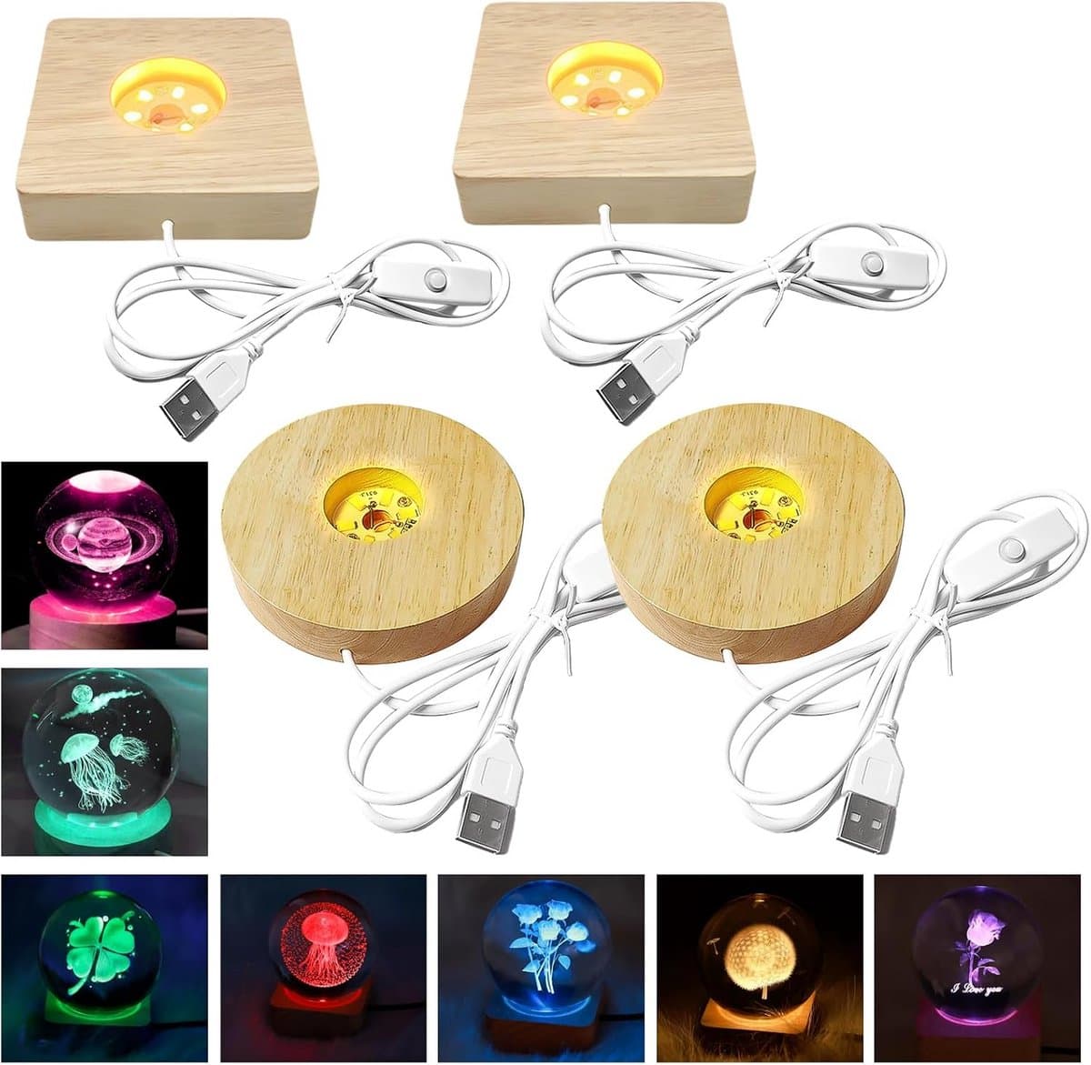 4-Delige Houten Lichtgevende Sokkel Set: USB LED Display Standaard met 7 Kleuren voor Kristal, Glas & Acryl