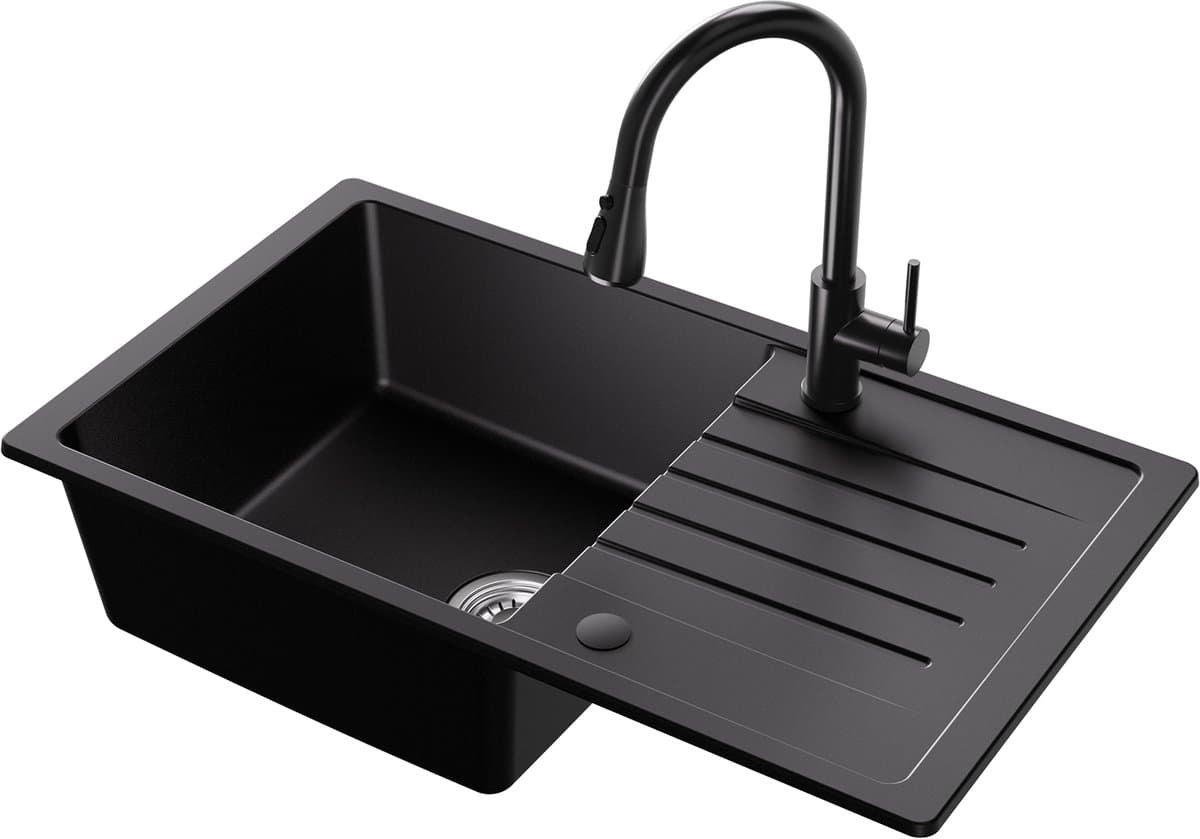 CECIPA max Spoelbak Antraciet 78x45CM - Spoelbakken Met Keukenkraan - Granieten Spoelbakken Keuken - Enkele Spoelbak - Spoelbak Met Afdruiprek - Spoelbakken Incl. Sifon en Afvoerzeefje